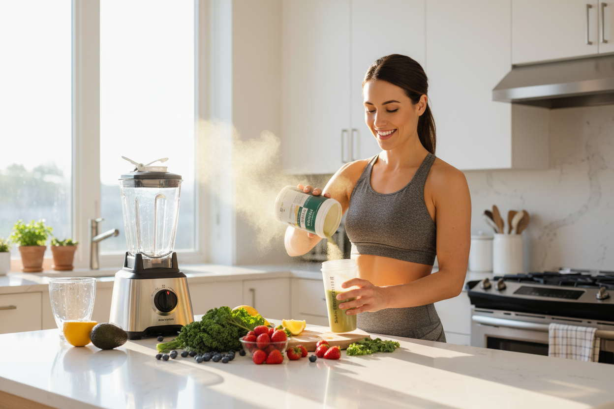 Someone being healthy making a powder shake that is a multiviatamin